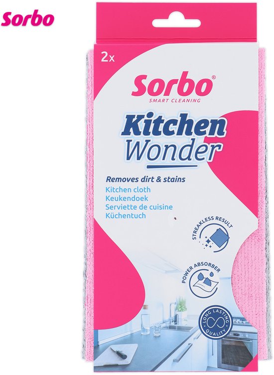 Verpakking met 2 Sorbo Kitchen Wonder doeken. Roze met witte opdruk. Afmetingen 32x38 cm.