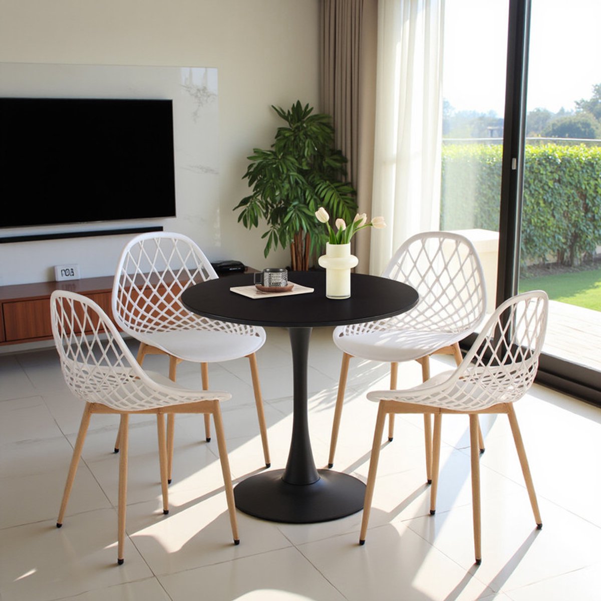 EGGREE eethoek - eettafel met 4 witte stoelen - tafel Ø 80 cm - voor bar, café en restaurant - zwarte tafel Zwart-M4WH