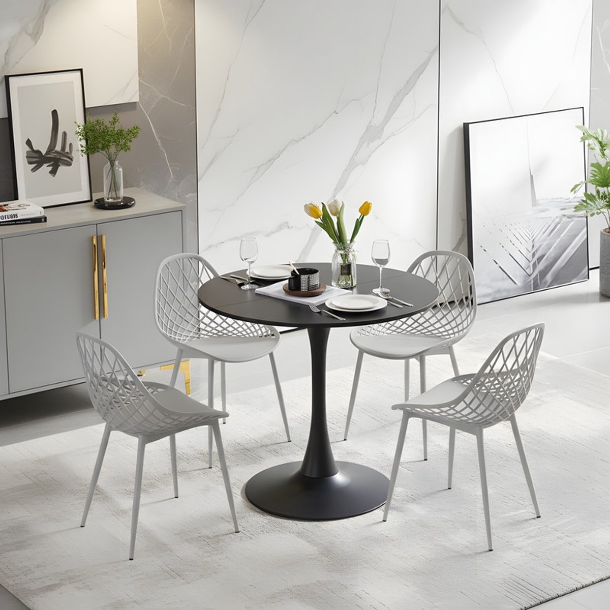 EGGREE eethoek - eettafel met 4 grijze stoelen - tafel Ø 80 cm - voor bar, café en eetkamer - zwarte tafel Zwart-M4G