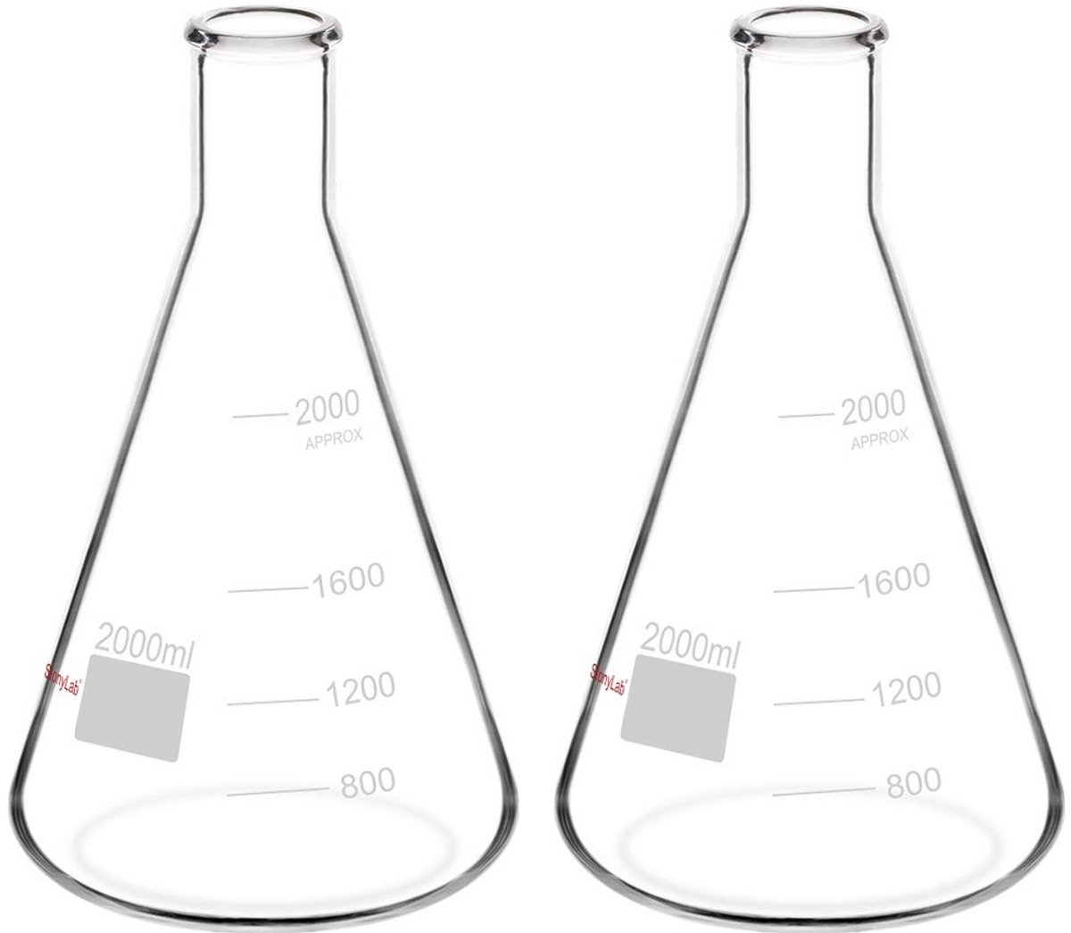 Erlenmeyer Glazen Kolven Set van 2 met Smalle Mond en Stevige Rand, 2 Liter