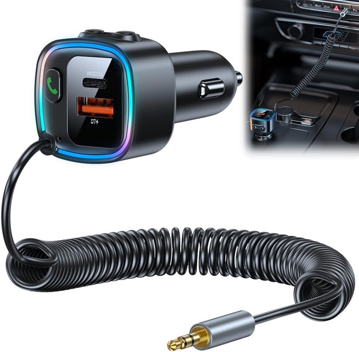 Bluetooth Auto Adapter met 30W PD Snelladen en AUX Ingang