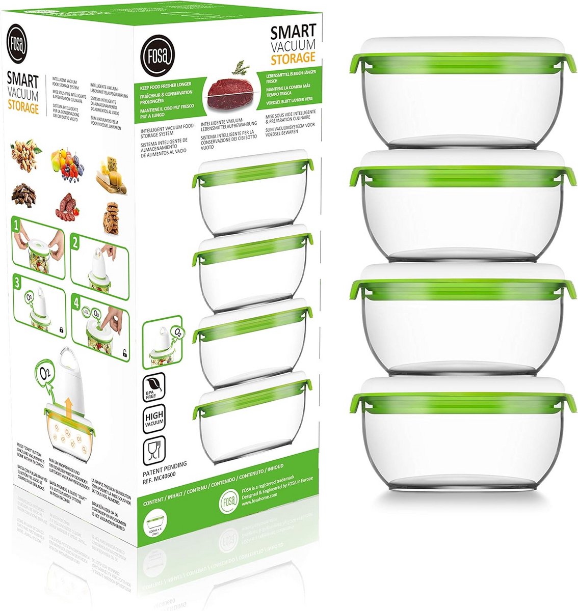 Set van 4 Vacuüm Bewaarbakjes 600 ml - Vershoudboxen voor Voedsel