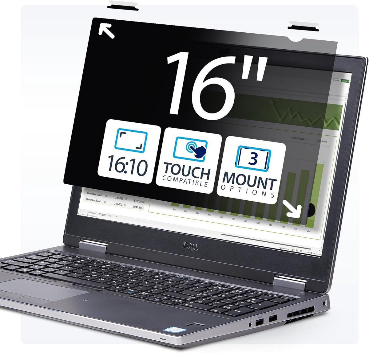 16 inch Laptop Privacyfilter 16:10 Anti-Glans Beveiligingsfilter Opklapbaar en Touchscreen Compatibel