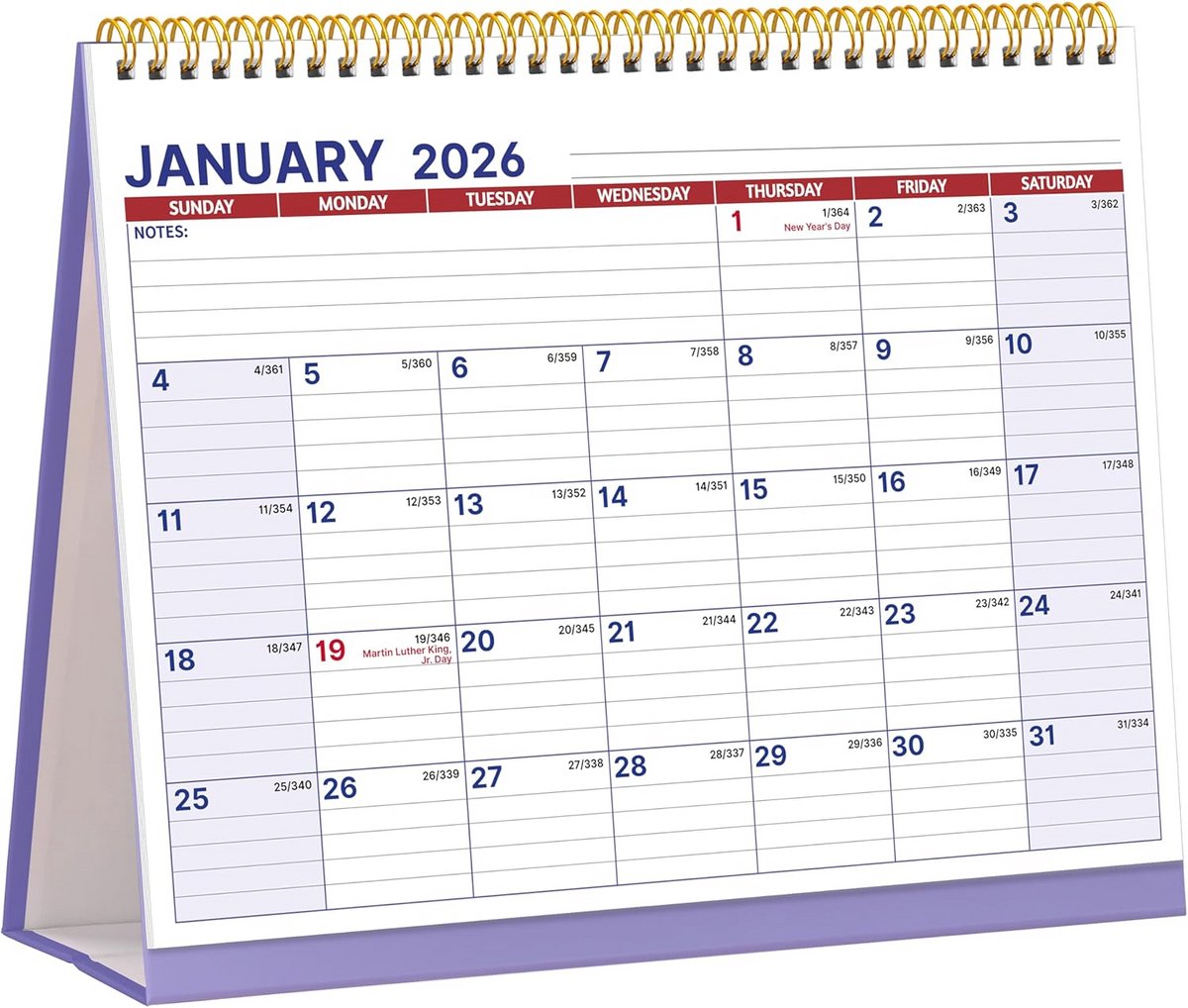 Staande Bureaukalender 2026 met Grote Blokken en Memo Pagina's