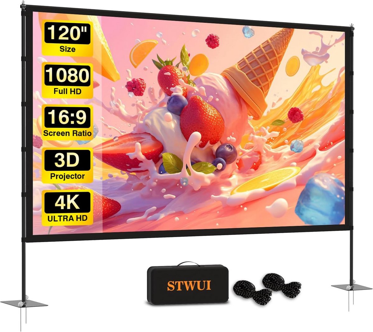 Projectiescherm met Standaard 120 Inch - Draagbaar & Opvouwbaar voor Binnen en Buiten - 4K HD 16:9 Filmscherm