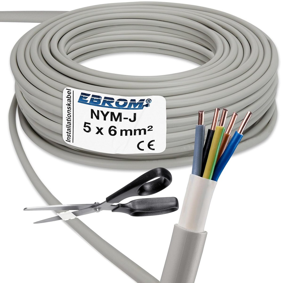 Installatiekabel NYM-J 5x6mm² - Grijze Mantelkabel - Meterkeuze