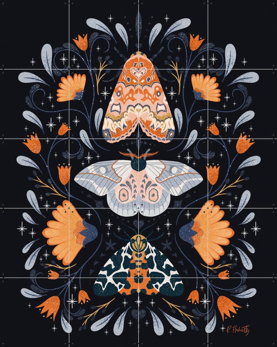 IXXI Floral Moths Black, Rebecca Flaherty - 80 x 100 cm - Gratis ophangtool - Grote wanddecoratie en posters - Illustraties, Kinderkamer, Kinderen