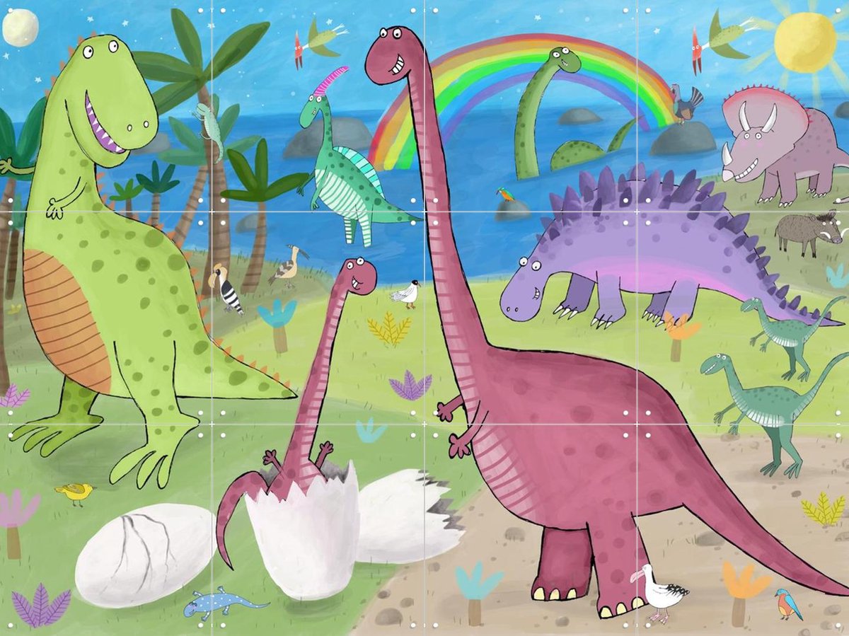 IXXI Cute Dinosaur in the Jurassic Park, Carla Daly - 80 x 60 cm - Gratis ophangtool - Grote wanddecoratie en posters - Illustraties, Speels