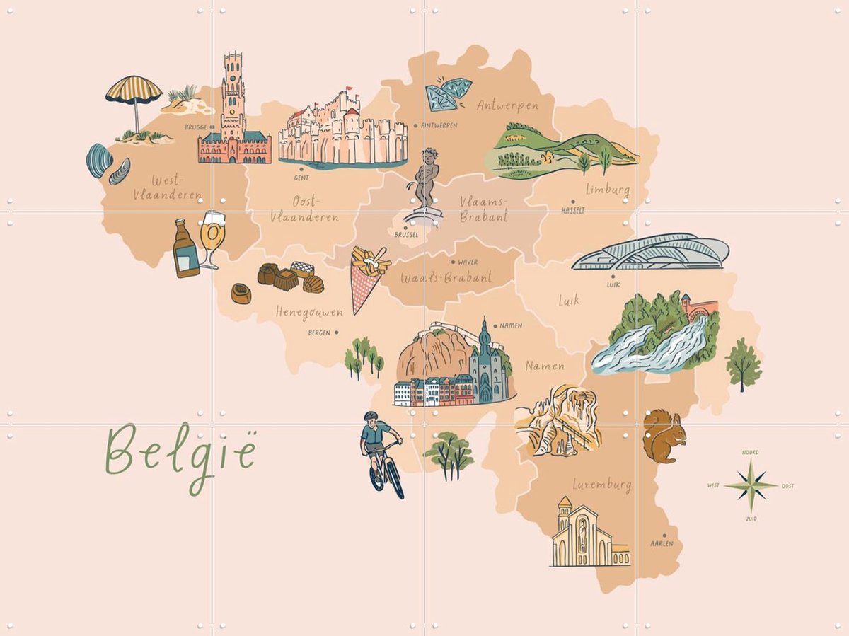 IXXI België Geïllustreerd, Revista Ontwerp & Kunst in Kaart - 80 x 60 cm - Gratis ophangtool - Grote wanddecoratie en posters - Illustraties
