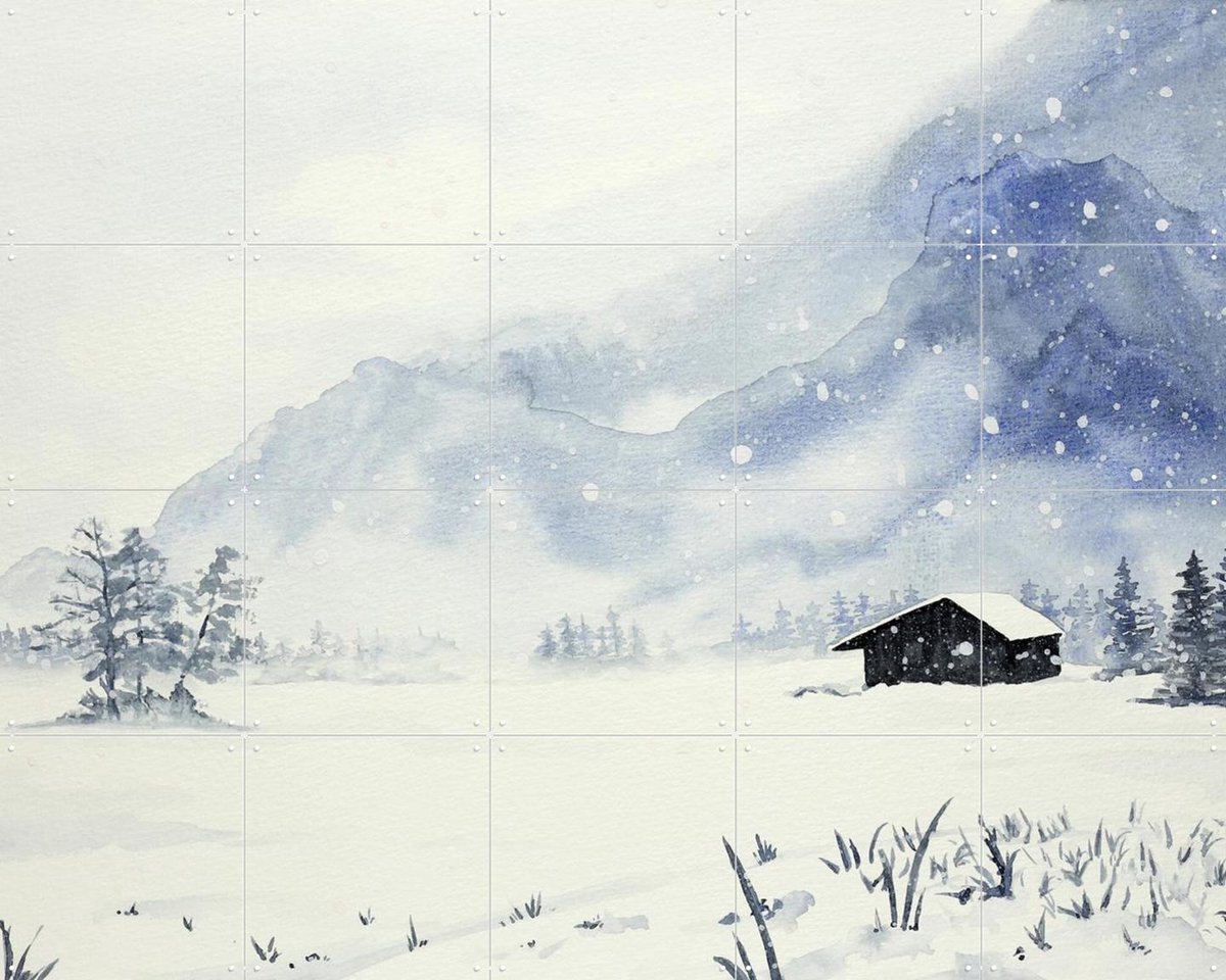 IXXI Snowfall at the Remote Wooden Cabin, Natalie Bruns - 100 x 80 cm - Gratis ophangtool - Grote wanddecoratie en posters - Aquarel, Impressionisme