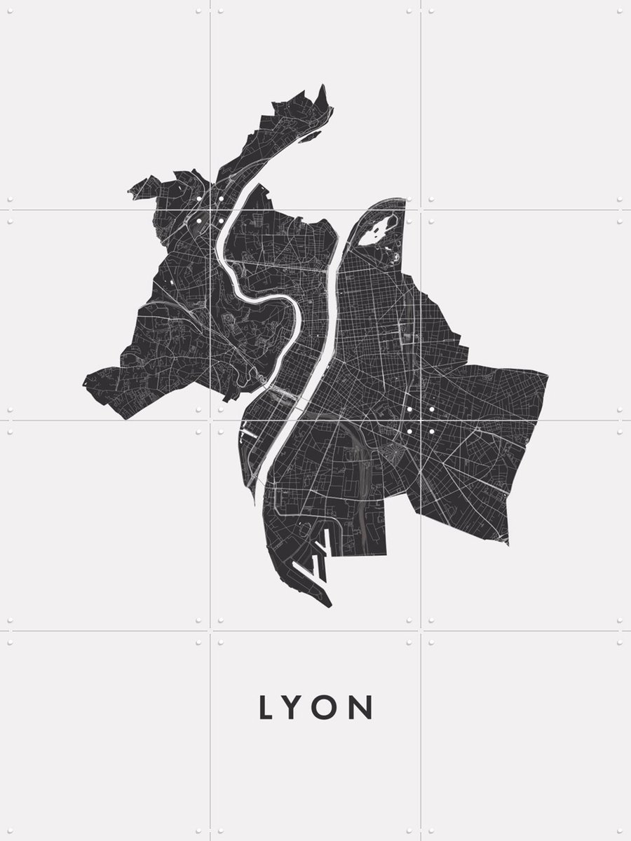 IXXI Lyon City Map, Kunst in Kaart - 60 x 80 cm - Gratis ophangtool - Grote wanddecoratie en posters - Minimalisme, Abstract, Digitale Kunst