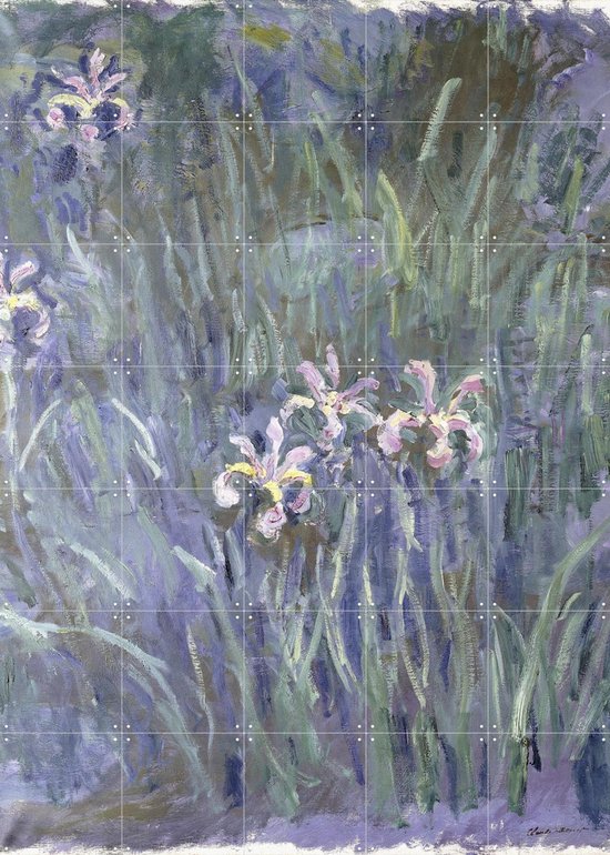 Peinture murale impressionniste avec des iris violets et verts, gros plan sur les fleurs et les feuilles.