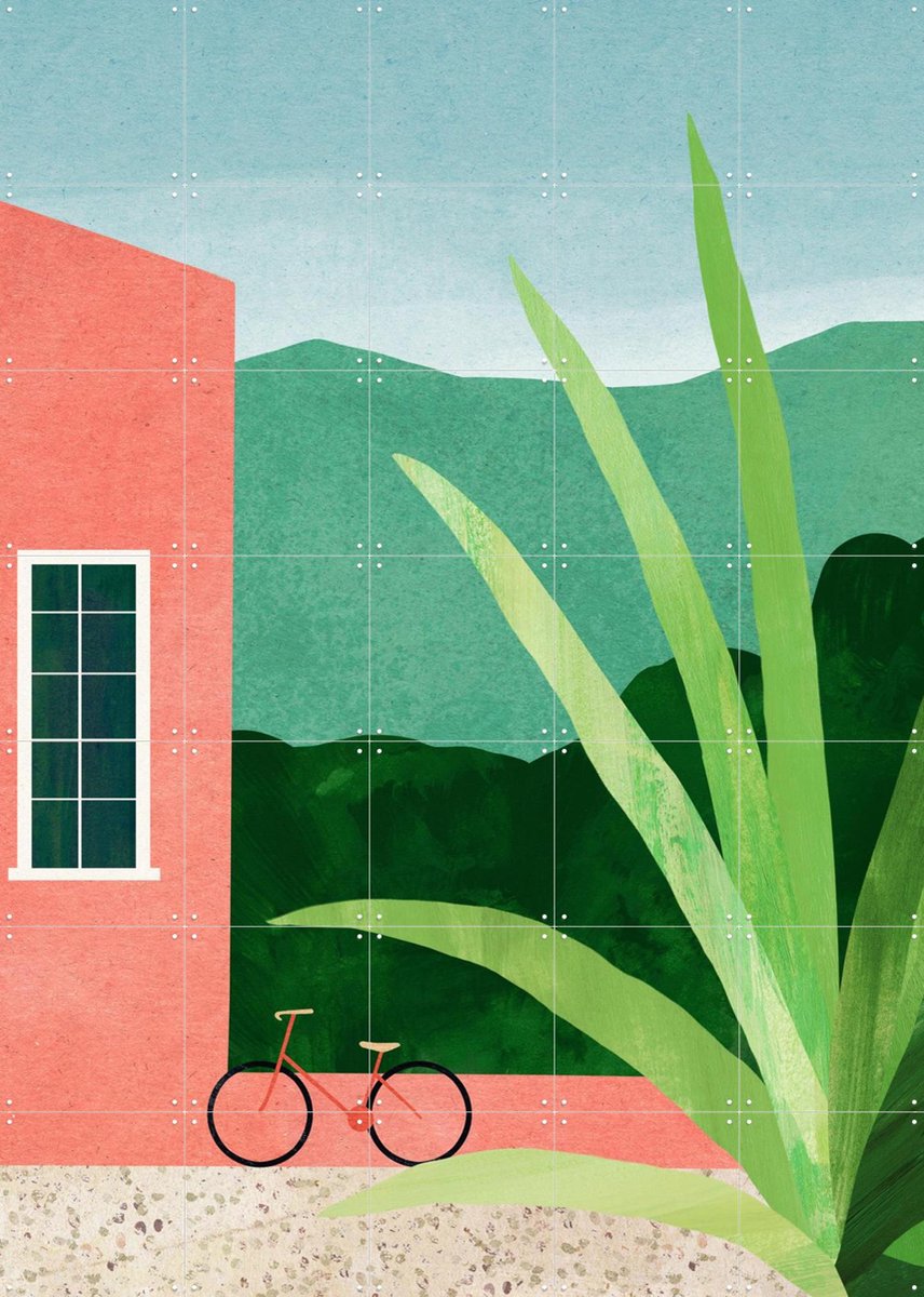 IXXI Bicycle Pink House, Henry Rivers - 100 x 140 cm - Gratis ophangtool - Grote wanddecoratie en posters - Illustraties, Kleurrijk, Natuur