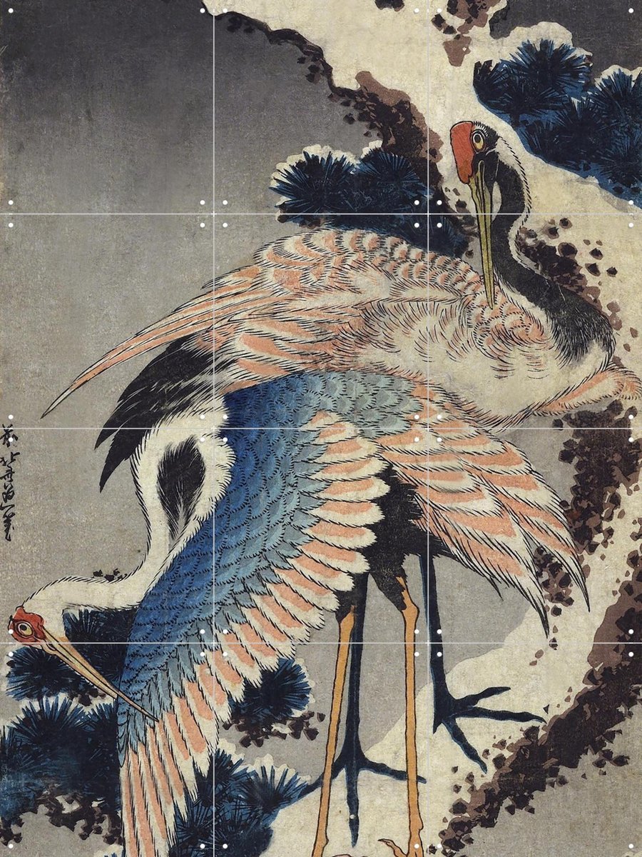 IXXI Two Cranes on a snowy Pine Branch, Katsushika Hokusai & British Museum - 60 x 80 cm - Gratis ophangtool - Grote wanddecoratie en posters -