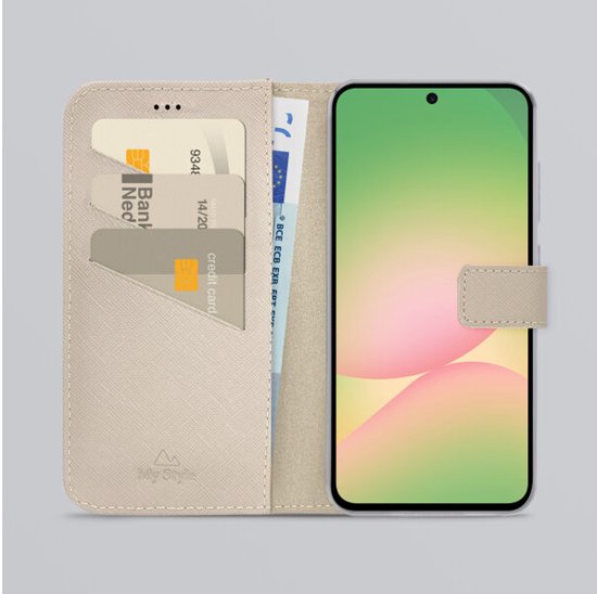 Étui portefeuille beige clair avec pochettes pour cartes et billets, avec un téléphone beige.