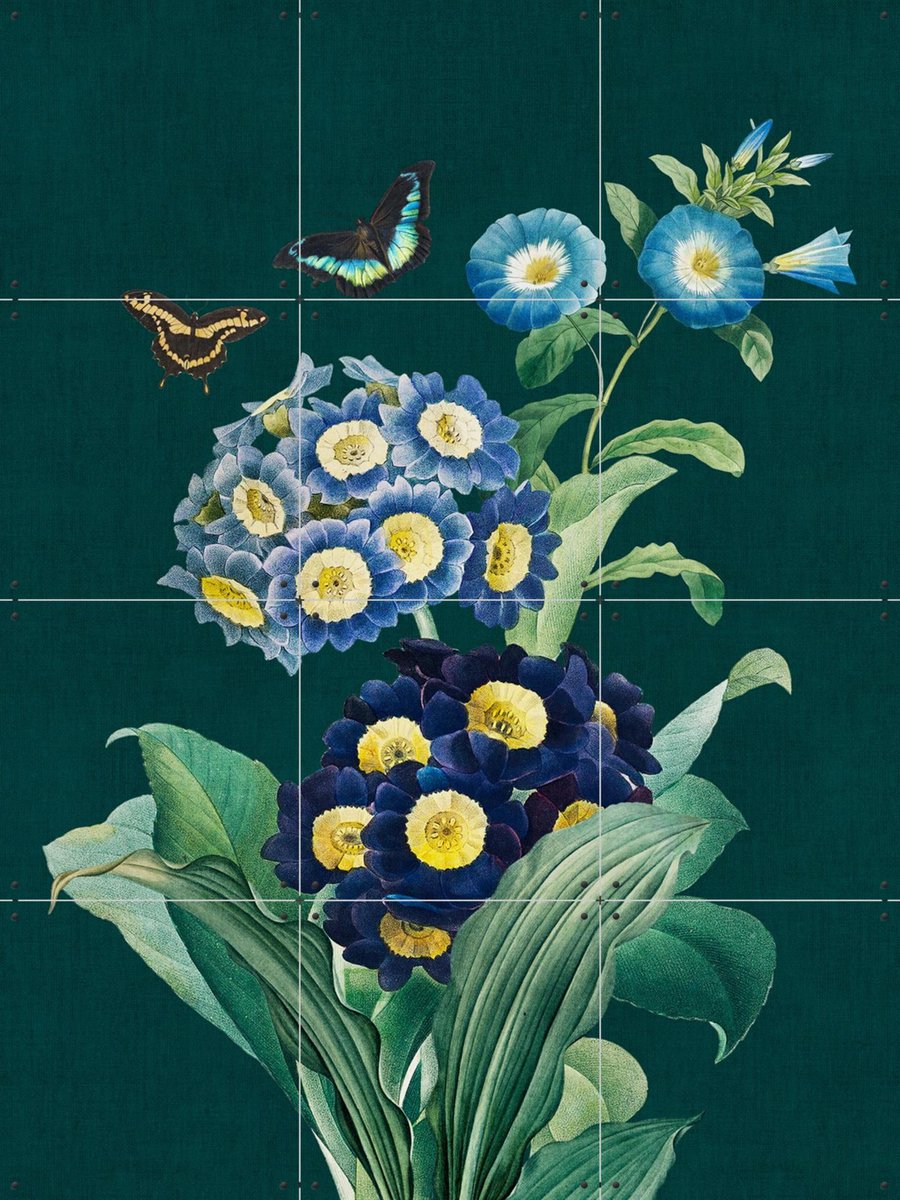 IXXI Teal Florals and Butterflies, Bloomery Decor - 60 x 80 cm - Gratis ophangtool - Grote wanddecoratie en posters