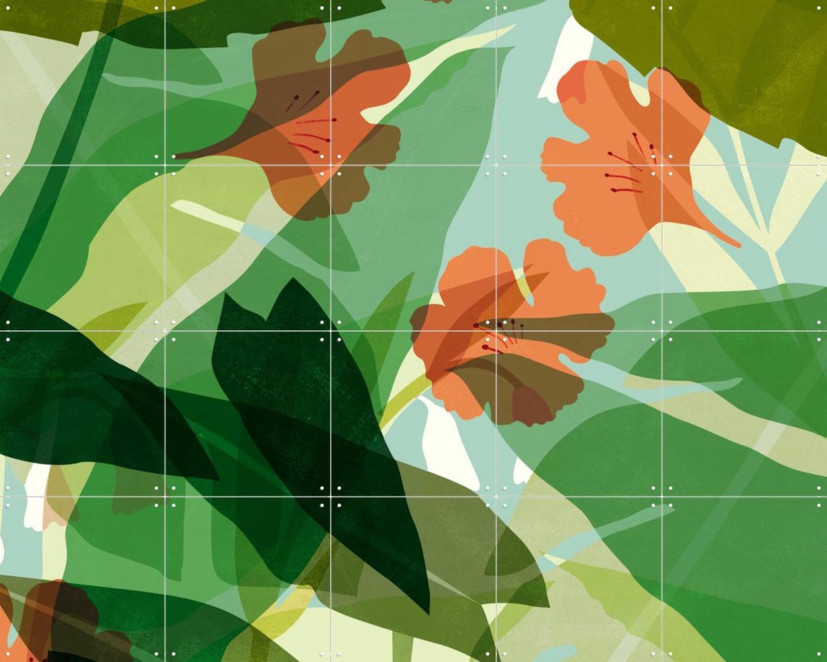 IXXI Leaves Green Orange, Lotte Dirks - 100 x 80 cm - Gratis ophangtool - Grote wanddecoratie en posters - Illustraties, Kleurrijk, Planten, Zomer