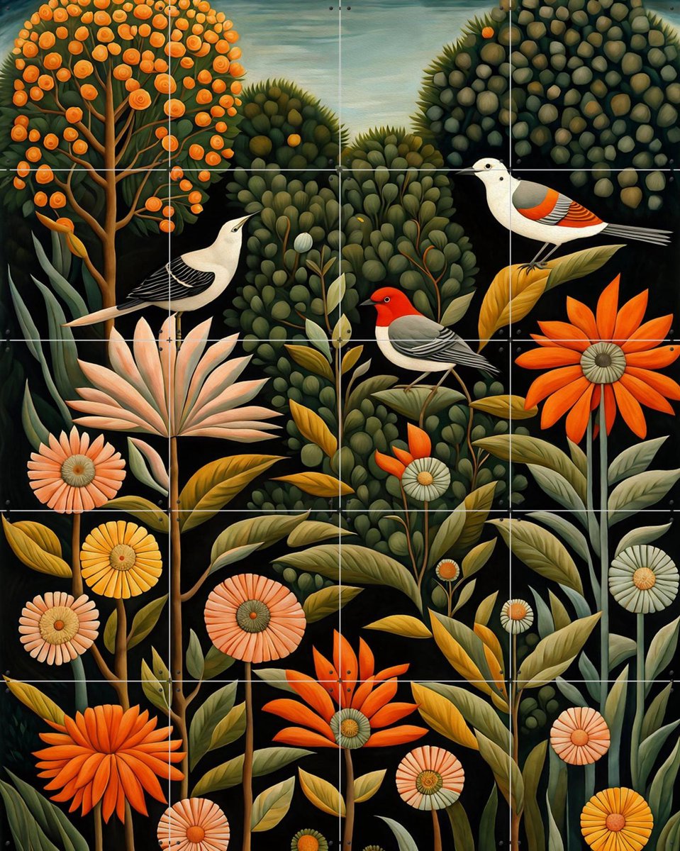 IXXI Feathered Florals, Artclaud - 80 x 100 cm - Gratis ophangtool - Grote wanddecoratie en posters - Grafisch Ontwerp, Natuur, Vogels, Bloemen