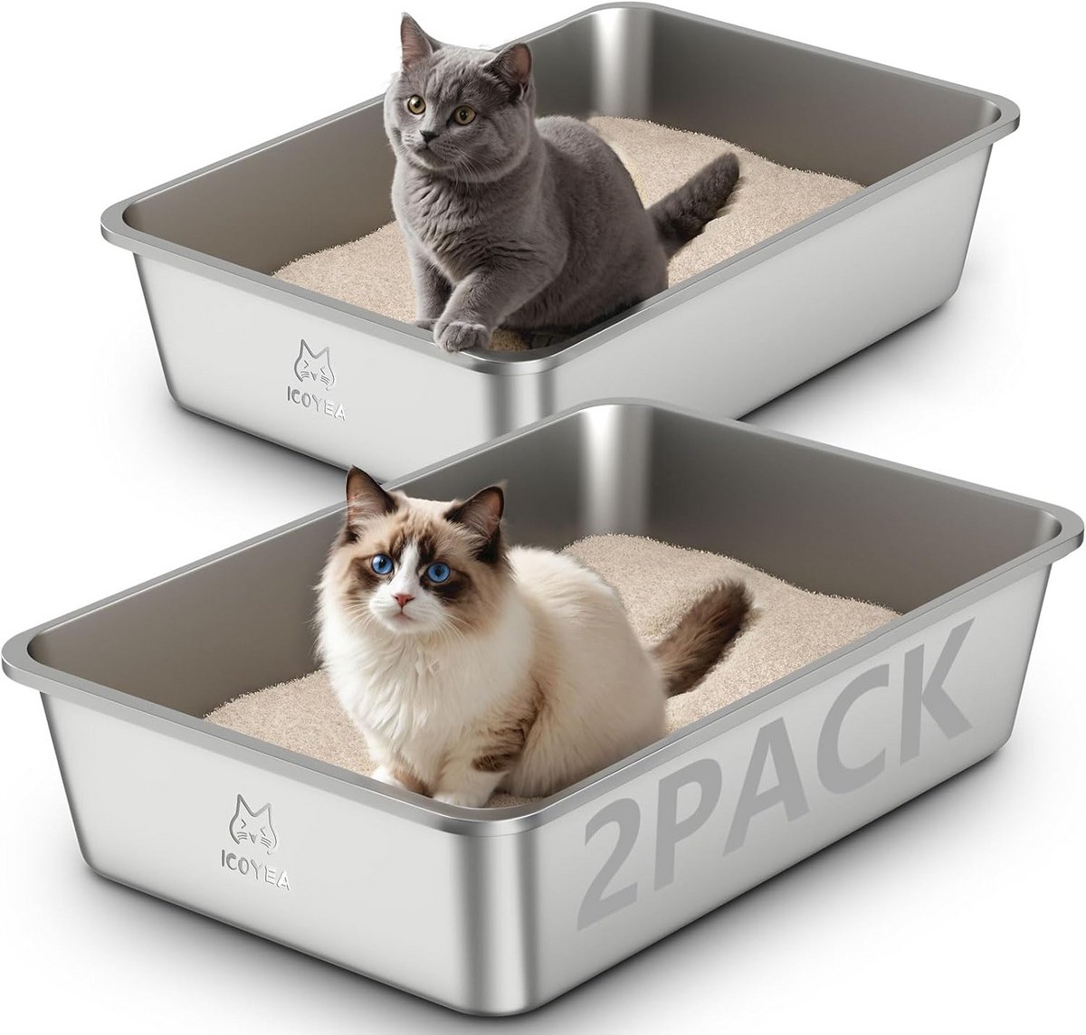 2-Delige Set Grote Rvs Kattenbakken XXL Open Metalen Kattenbak voor Katten en Konijnen