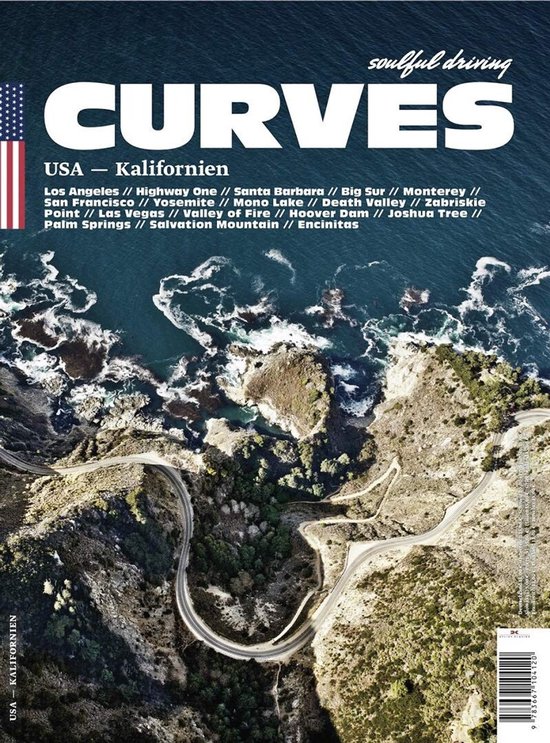 Boek 'Curves California' met een luchtfoto van een bochtige kustweg in Californië, met de tekst 'soulful driving CURVES USA - Kalifornien'.
