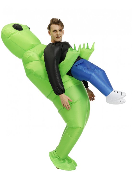 Foto: Kimu opblaas kostuum gedragen door alien opblaasbaar pak alienpak mascotte opblaaspak opblaasbare alien pak ontvoering dames heren carnaval carnavalspak
