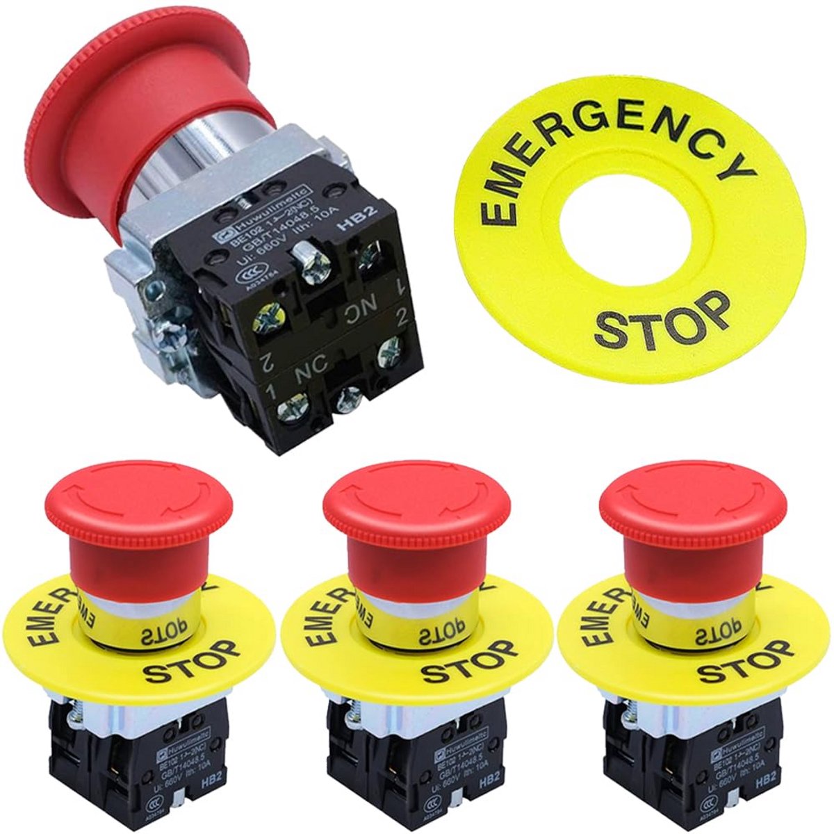 Noodstop Drukknop Schakelaar 22mm Rood Paddestoel 4 Stuks AC 660V 10A