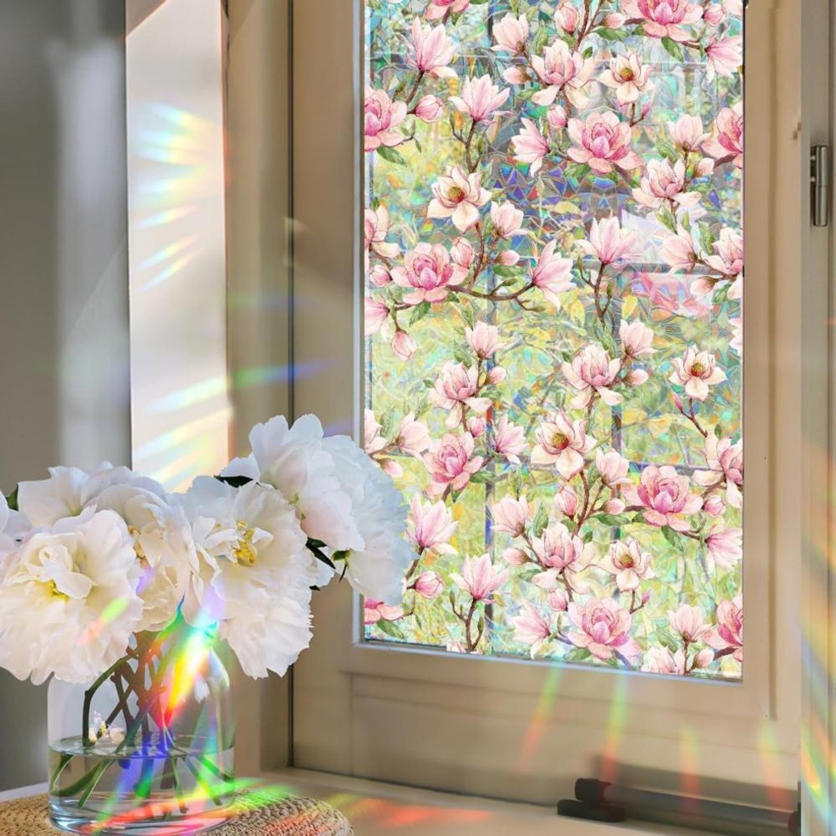 Allecto - Regenboog raam privacyfolie - Statisch - UV-bestendig - Roze bloemen - Decoratief glas-in-loodraam - 3D - UV-reflecterend - Raambekleding - Niet-klevend - Zonwerende raamstickers - Geschikt voor kamers - 100 x 50 cm.