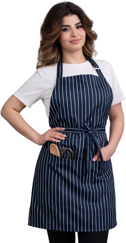 Tablier de cuisine Culinary Stripe - Lignes bleu marine - 60x80 cm - Tablier de cuisson avec poches et ceinture de 86 cm - Restauration - Tablier de cuisine Femme - Tablier de cuisine Homme