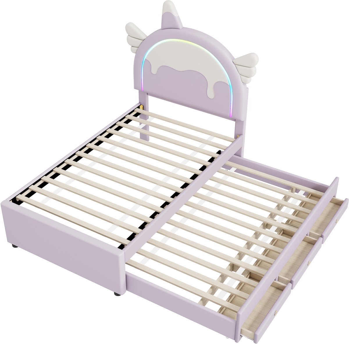 FloraGrace Kinderbed 90x200cm – Eenhoorn Cartoon Design – Uitschuifbaar Onderbed Met Lades – Zonder matras – PU – Paars — cadeau in Cadeau-ideeën - foto 3