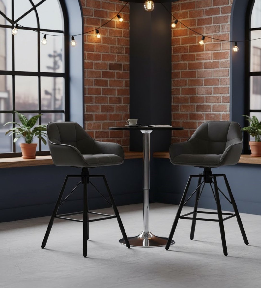 Luxueuze 360° Draaibare Barkruk Set van 2 – Fluwelen Bistrokruk met Rugleuning en Voetensteun – Stabiele Metaalpoten – Comfortabele Keuken- en Barstoelen – Donkergrijs | Vita Interior