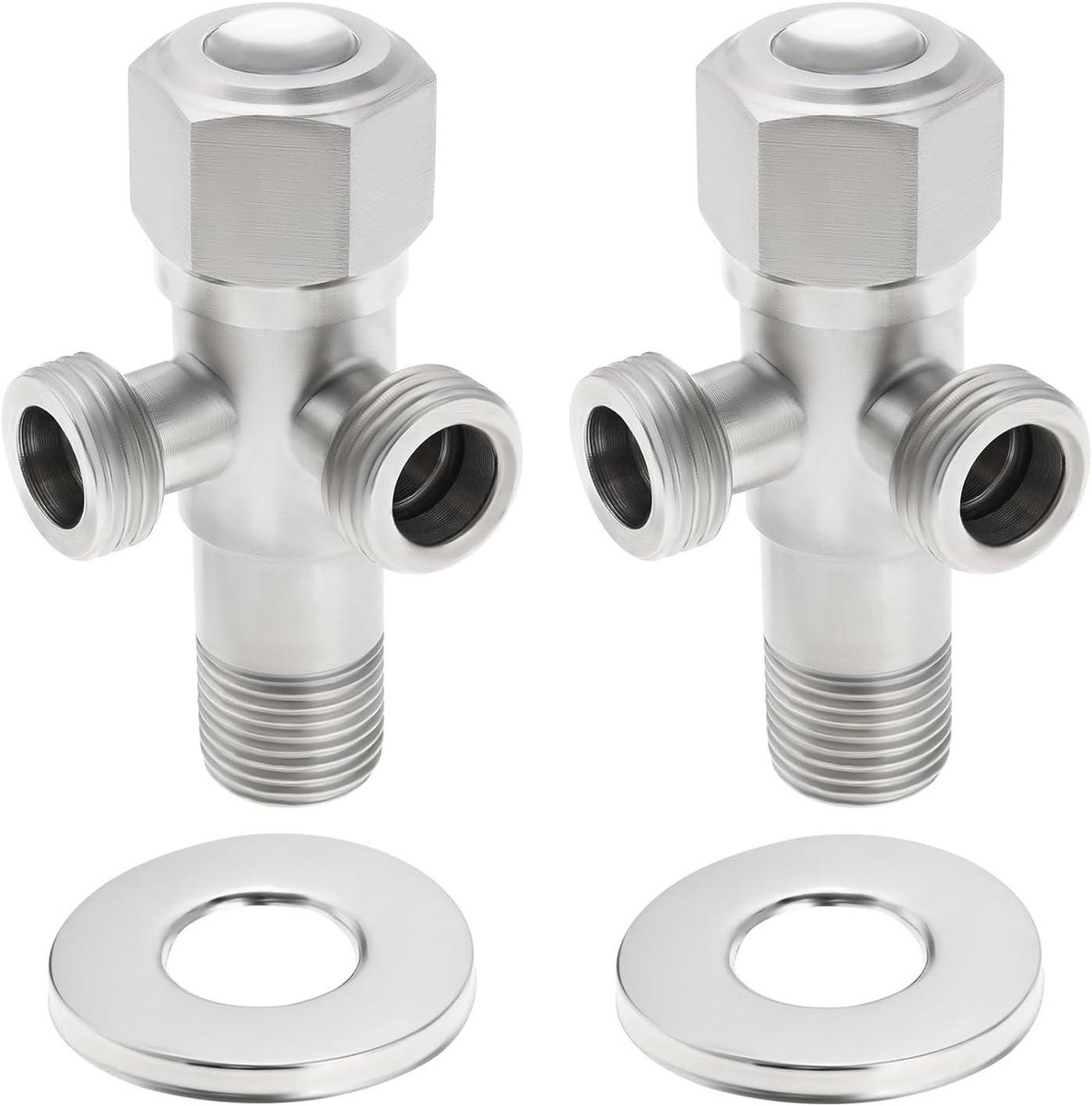 Allecto- Dubbele-Hoekventiel - Roestvrij Staal - Hoekstopkraan - Wasmachine Toilet - Waterverwarmer - Geschikt voor - Zilver 2 Sets 1,27 cm Dubbele Hoekventiel 1 in 2 Out Uitlaten Hoekstopkraan voor Wasmachine Toilet Waterverwarmer, Zilver.