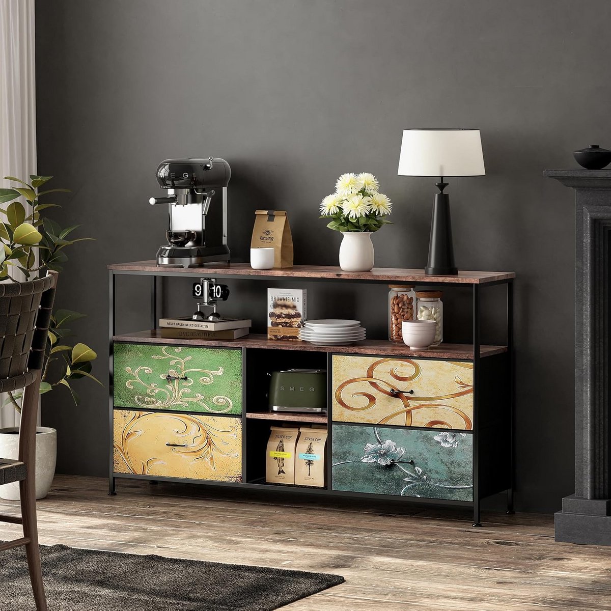 TV-meubel met 4 Opbergkasten Lade, Metalen Frame en LED Verlichting