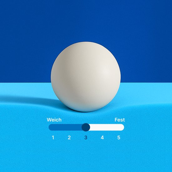Forme abstraite blanche sur fond bleu, avec un affichage de l'échelle de fermeté, de doux à ferme.