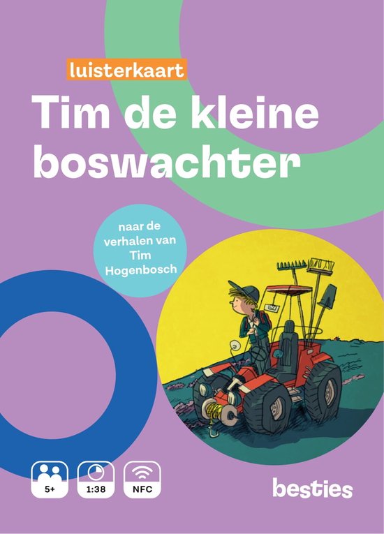 Luisterkaart met de titel 'Tim de kleine boswachter'. Illustratie van een jongen op een rode tractor met gereedschap.