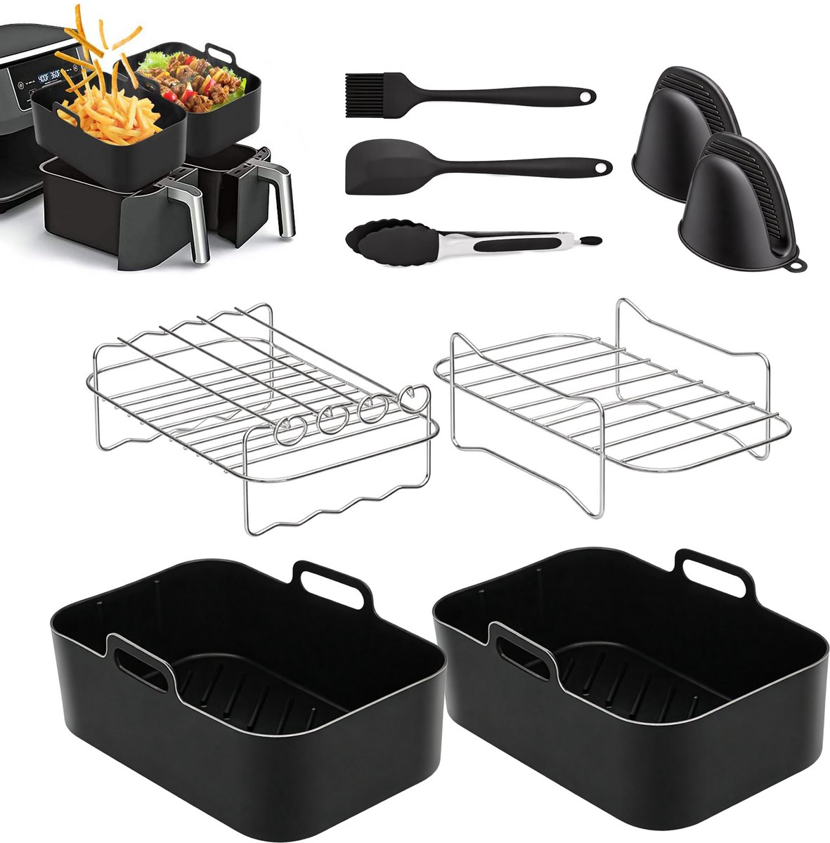 Airfryer Accessoireset 10-delig – Siliconen Bakjes, RVS Rekken, Spiesenrek, Tang, Spatel & Bakkwast – Geschikt voor Dual Zone Airfryer 7-10L – Vaatwasserbestendig & Hittebestendig 230°C
