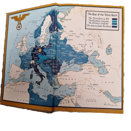 Een kaart van Europa en Noord-Afrika, met de titel 'The Rise of the Third Reich'.