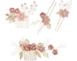 Allecto- Haarkam voor bruid - haaraccessoires - bruiloft - parels - bloemen - strass - voor de bruid of bruidsmeisje - roze bloem.
