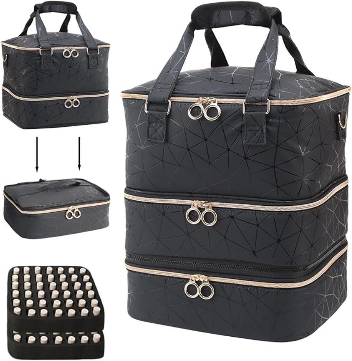 Verte Nagellak Organizer - Nagellak Organizer Opbergtas voor 84 Flesjes – 3-Laags Nagellakkoffer – Draagbare Nagellak Opbergtas met Vakken - Zwart