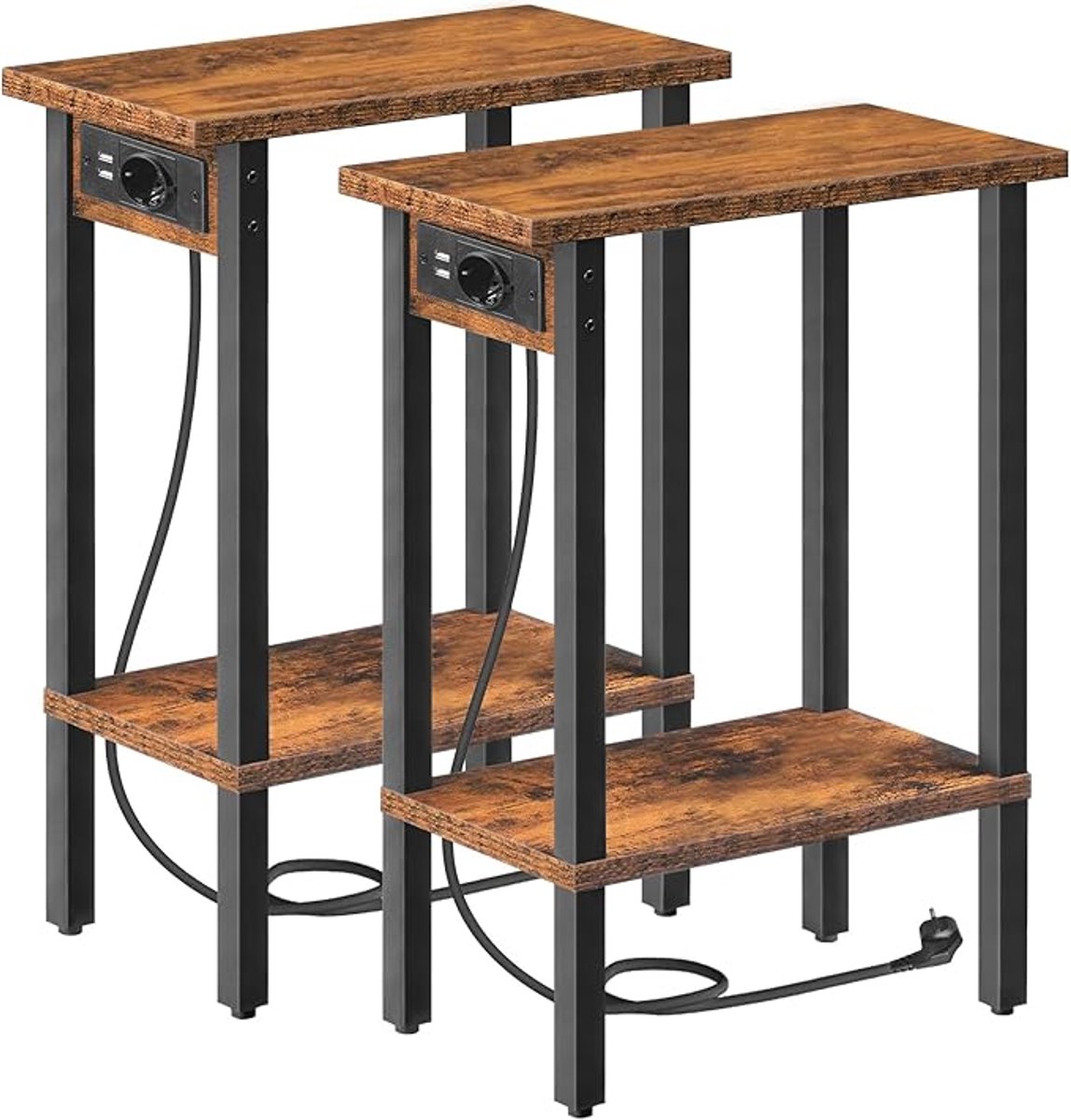 Smalle Bijzettafels Set van 2 met Laadstation – Nachtkastjes met 2 Planken & Stopcontact + USB – Ruimtebesparend – Vintage Bruin/Zwart