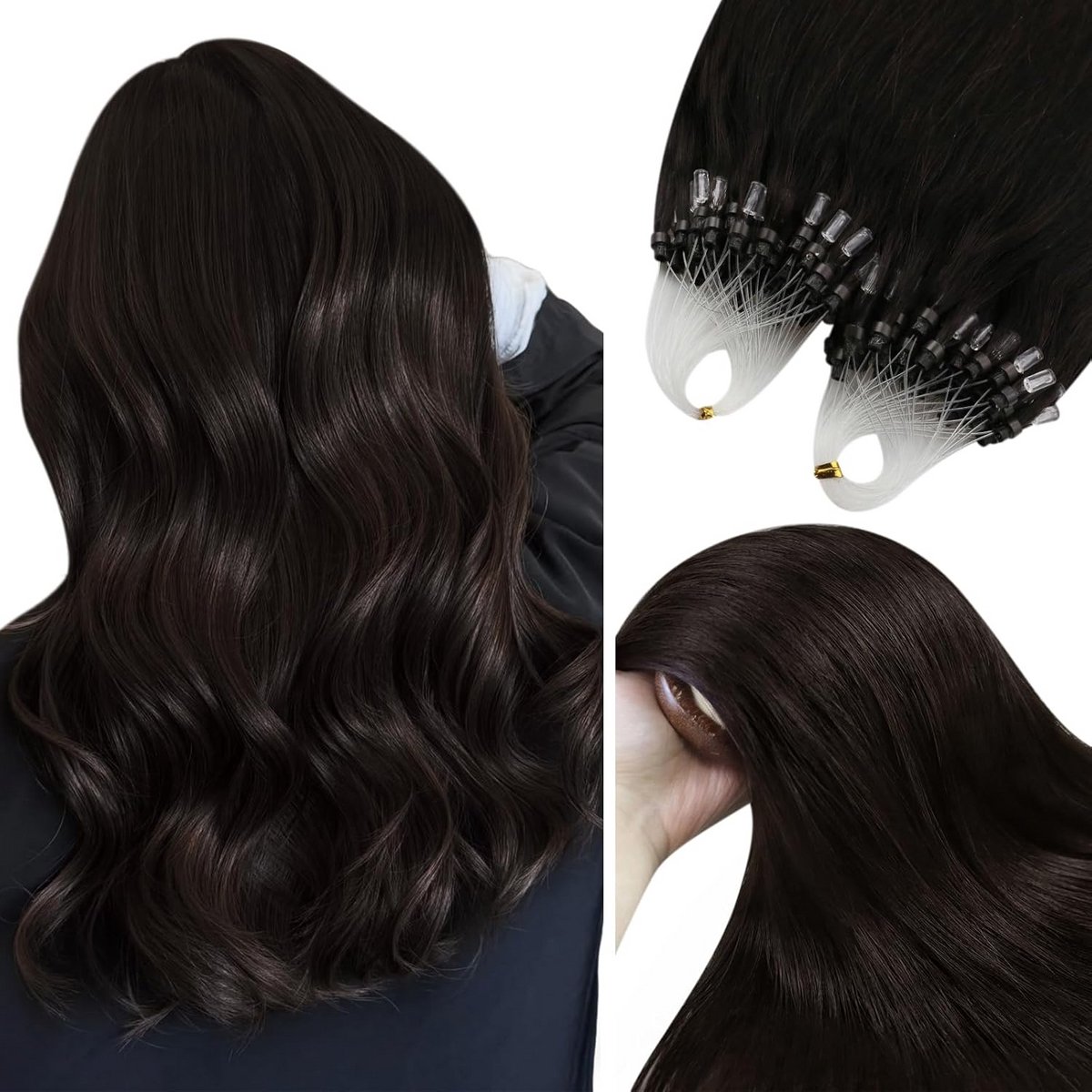 Echt Haar Haarverlenging Donkerbruin 50 cm Micro Ring Lusjes Clip-in