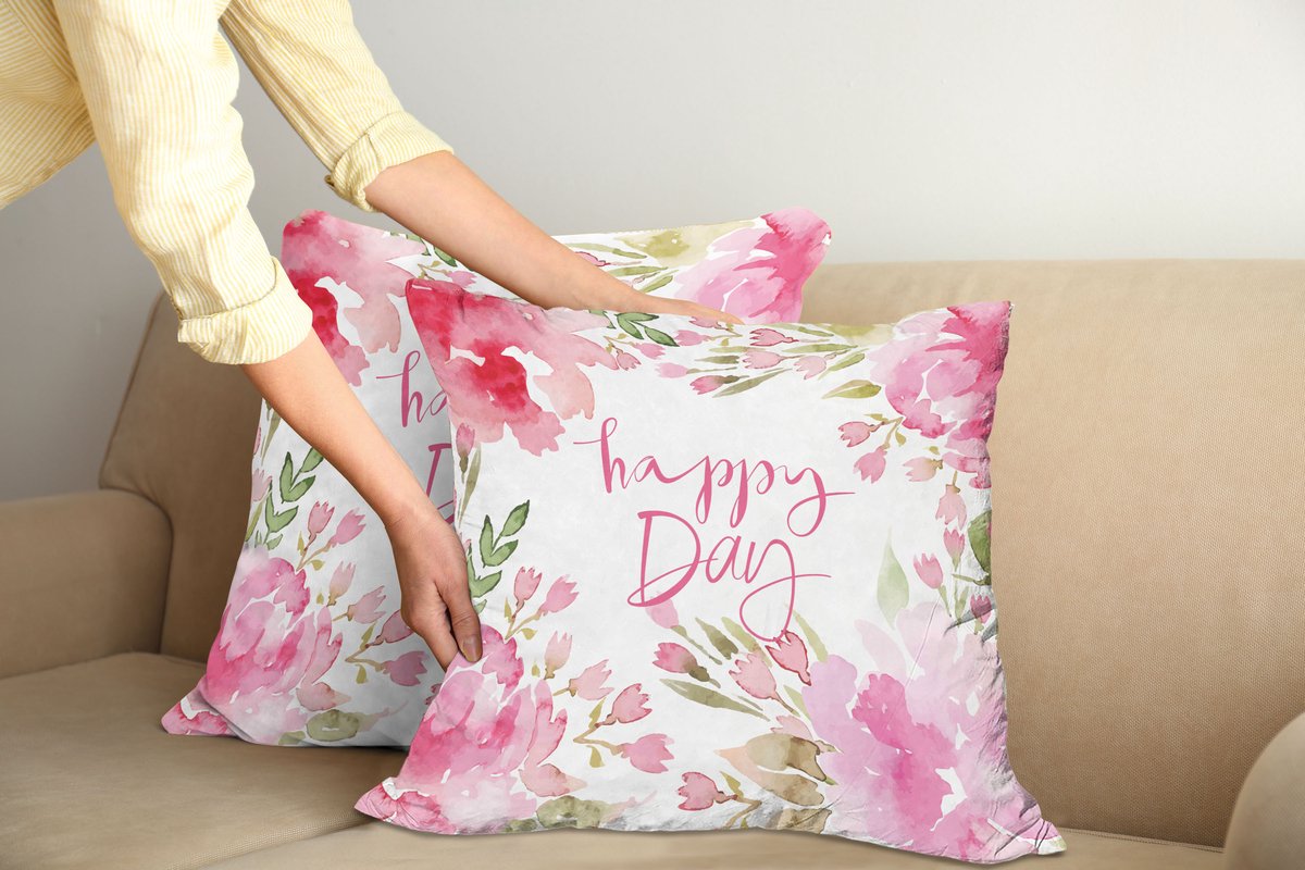 ABAKUHAUS Countryside kussensloopset (2 stuks), aquarel bloemen en bladeren, 40 cm, lichtroze en groen