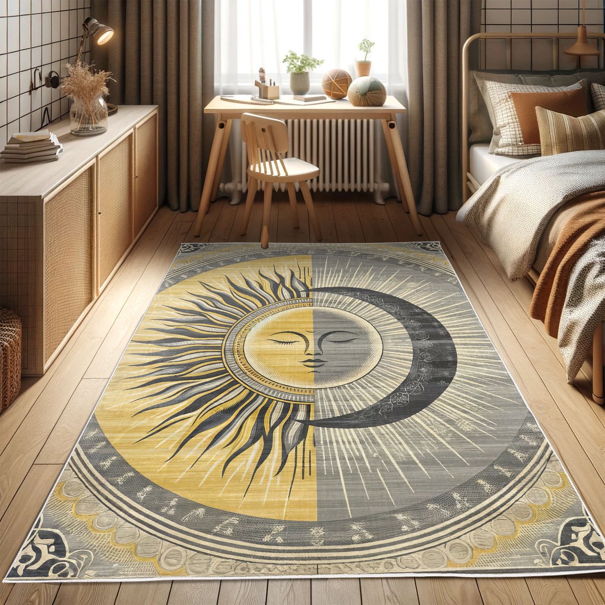 ABAKUHAUS Decoratief vloerkleed met zon en maan, hoogwaardig vloerkleed voor slaapkamer en woonkamer, 76x152 cm, mosterdpaars