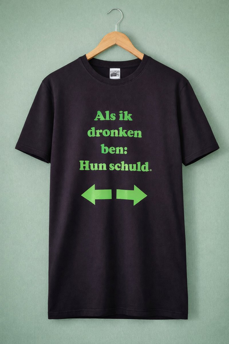 By Jes Funwear T-shirt unisex shirt "als ik dronken ben Hun schuld" zwart met groene opdruk
