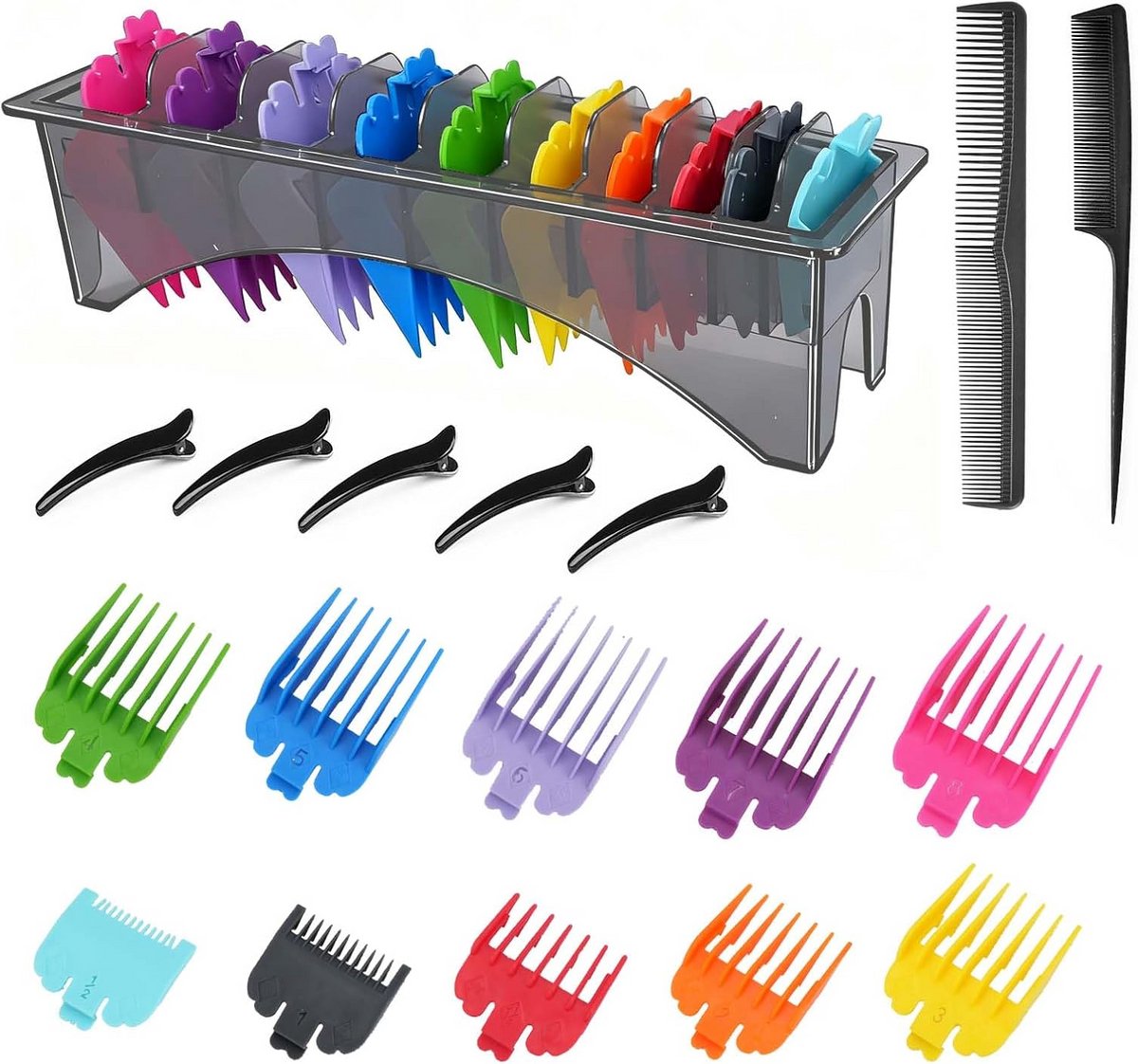 Set van 10 Gekleurde Opzetkammen voor Tondeuse met Opbergbox (1.5mm tot 25mm)