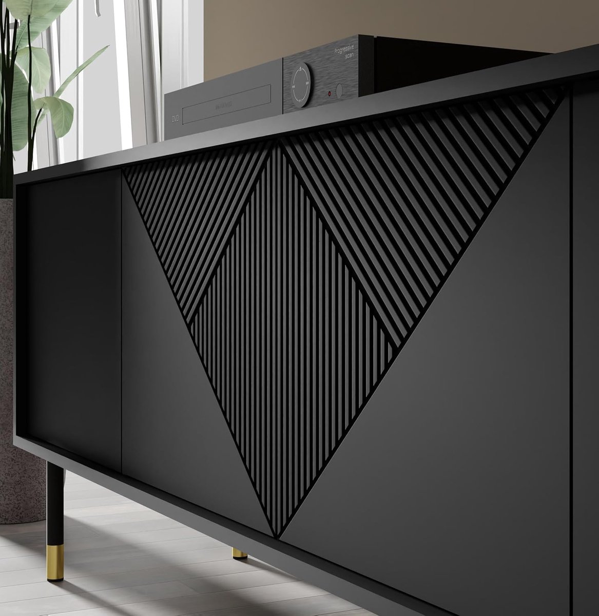 Dressoir WOODY Luxe 4 Deuren – Push-to-Open, Gefreesde Fronten, Gouden Metalen Pootjes, Veel Opbergruimte – 180x44x88 cm – Pauwhome