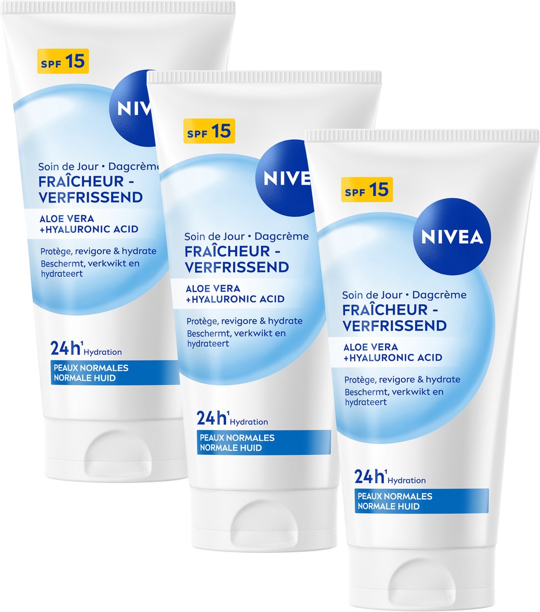 NIVEA Essentials Verfrissende Dagcrème voor Vrouwen SPF 15 - Gezichtscreme Normale huid - Skincare - Moisturizer - Met vitamine E - 3x 50 ml