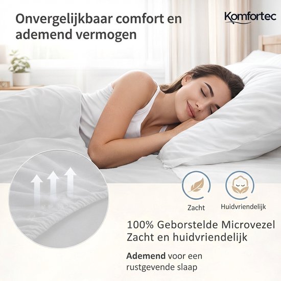 Een vrouw slaapt op een wit bed met eenKomfortec hoeslaken. Gemaakt van 100% geborstelde microfiber, zacht, huidvriendelijk en ademend.
