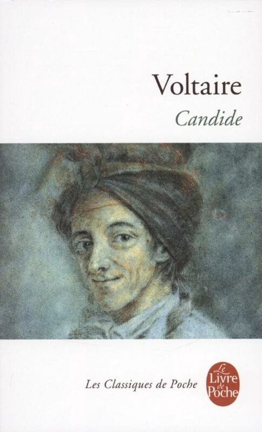 Boek 'Candide' van Voltaire met een schilderij van een man met een tulband.