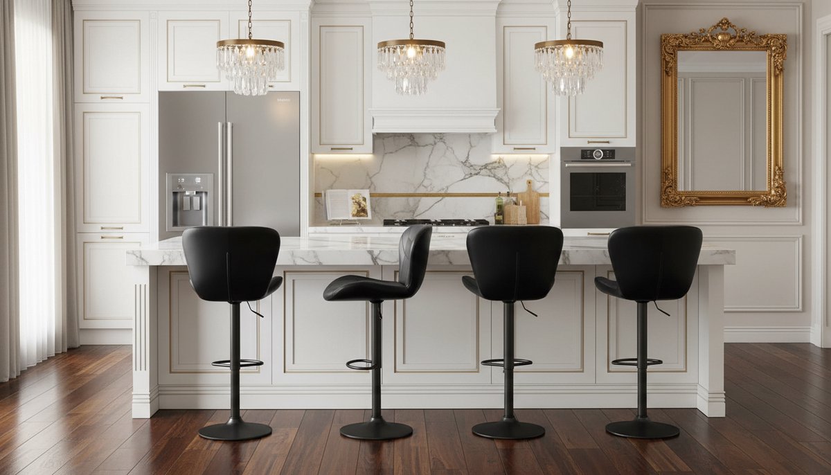 Barkruk Set van 4 – Luxe Verstelbare Barstoelen met Rugleuning en Voetensteun, 360° Draaibaar, PU-Leren Zitting, Comfortabele Keuken Barkrukken voor Keukeneiland en Bar – Zwart | House&Garden Noir