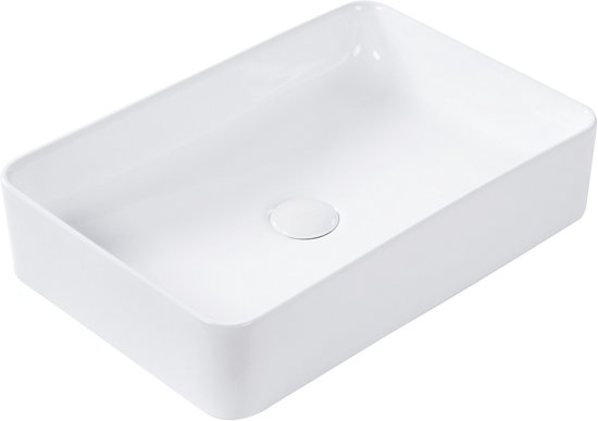 Lavabo rectangulaire en céramique blanche aux coins arrondis, vu de trois quarts avant.